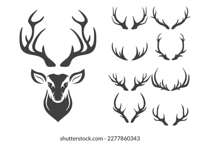 Vector Reindeer Horns, Antlers. Deer Horn Silhouettes. Hand Drawn Deers Horn, Antler Set. Animal Antler Collection. Design Elements of Deer. Wildlife Hunters, Hipster, Christmas and New Year concept