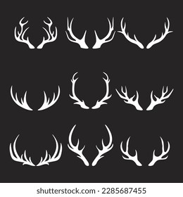 Vector Reindeer Horns, Antlers. Deer Horn Silhouettes. Hand Drawn Deers Horn, Antler Set. Animal Antler Collection. Design Elements of Deer. Wildlife Hunters, Hipster, Christmas and New Year concept