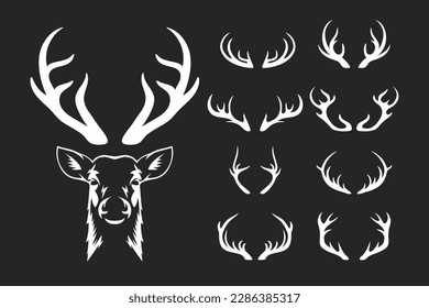 Vector Reindeer Horns, Antlers. Deer Horn Silhouettes. Hand Drawn Deers Horn, Antler Set. Animal Antler Collection. Design Elements of Deer. Wildlife Hunters, Hipster, Christmas and New Year concept