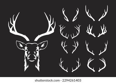 Vector Reindeer Horns, Antlers. Deer Horn Silhouettes. Hand Drawn Deers Horn, Antler Set. Animal Antler Collection. Design Elements of Deer. Wildlife Hunters, Hipster, Christmas and New Year concept