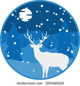 Vector Reindeer On a mountain with snow at night flat logo style
