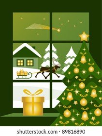 vector reindeer pulling sledge with gifts outside window