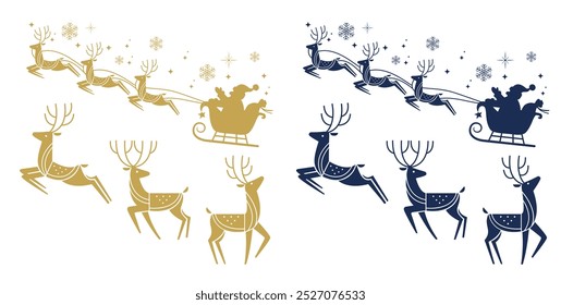 vector reindeer and santa claus sleigh outline silhouette minimal modern set