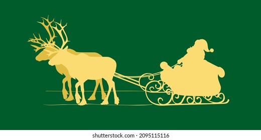Vector of Reindeer Sleigh. Illustration of Santa Claus Rides Sleigh. Christmas Wishing Greeting Card Design.