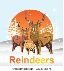 vector reindeers in hills mountain and white pines tree silhouette back sun light blue sky