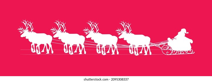 Vector of Reindeers Sleigh on Red Background. Illustration of Santa Claus Rides Sleigh. Christmas Wishing Greeting Card Design.