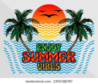 Vector related to summer season, birds flying over the sun, blue sea waves and green coconut trees, with Enjoy Summer Vibes writing