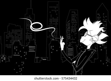 Vector relaxed boy smoking cigarette on night city background. Black and white vector illustration.