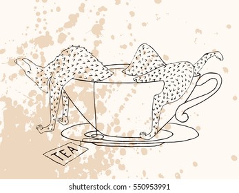 Vector relaxing animal in a cup of tea