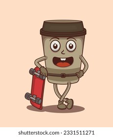 Vector relaxing and lean on skateboard with coffee cup illustration of cute character