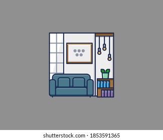 a vector of a relaxing room decorated with plants, books, decorative lights and furniture