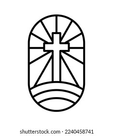 Vector religion line cross on half round earth and rays. Jesus Christ logo icon illustration. Lord on Calvary is center christianity. God forgiveness and love people.