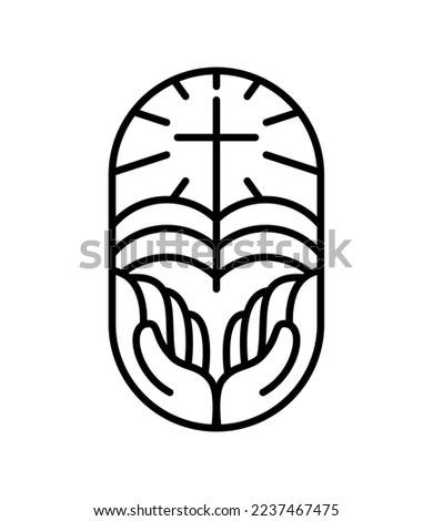Vector religion line cross, open book Bible and hands in church. logo icon illustration isolated. Jesus Christ on Calvary is center christianity. God forgiveness and love for people.