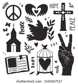 Vector religion set with black and white icons. Religious labels are isolated on white: dove of peace, church, peace gesture, cross. Catholic symbols.