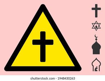 Vector religious cross flat warning sign. Triangle icon uses black and yellow colors. Symbol style is a flat religious cross hazard sign on a pink background. Icons designed for careful signals,
