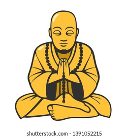 Vector religious icon of buddha statue. Golden Buddha sits and prays in the lotus position. Illustration of Buddha character in flat minimalism style.