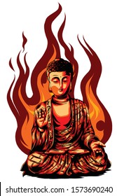 Vector religious icon of buddha statue. Golden Buddha sits and prays in the lotus position.