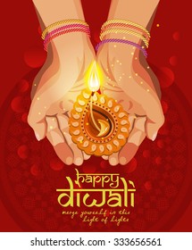 Vector Religious illustration of burning diya on Diwali Holiday red background
