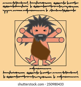 Vector remake the vitruvian man caveman cartoon illustration.