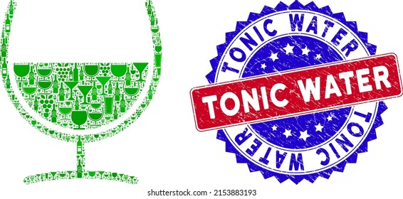Vector remedy glass icon wine collage and grunge bicolor Tonic Water seal stamp. Red and blue bicolored seal with corroded texture and Tonic Water caption.