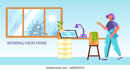 Concepto de trabajo remoto vectorial con carácter femenino y su acogedor espacio de trabajo en casa. Antecedentes independientes con la joven, mesa, portátil, imágenes de coronavirus en la ventana, lámpara 