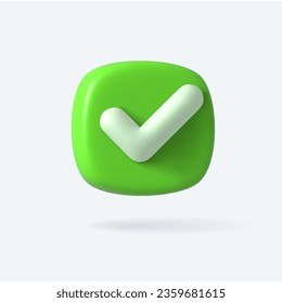 Vector Render 3d of Right Check Mark box. Green Approvement icon or emblem. Vector illustration