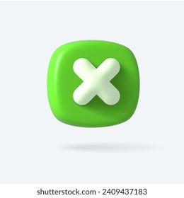 Vector Render 3d of Right Cross Icon. Green color. Approvement icon or emblem. Vector illustration