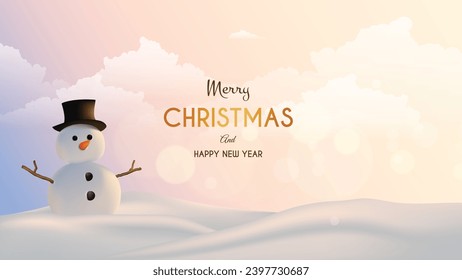 Vector render 3d style snowman on snowy landscape background.