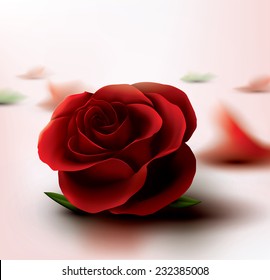 Vector render close up of red rose  with petals, scattered  in background. 