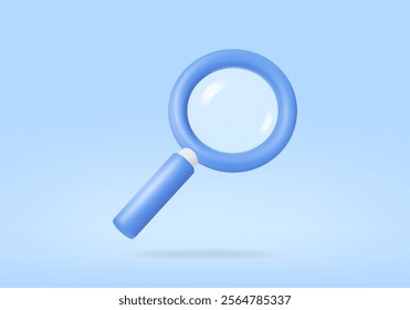 Vector render illustration of a magnifying glass icon, blue, on a light blue background. It is often used in conceptual contexts related to searching, examining, or analyzing data.