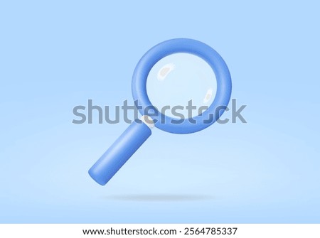 Vector render illustration of a magnifying glass icon, blue, on a light blue background. It is often used in conceptual contexts related to searching, examining, or analyzing data.