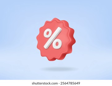 Vector render illustration of percentage symbol icon on light blue background. It is a red star with white letters %. The idea is about discounts, promotions or interest.