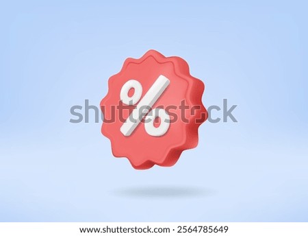 Vector render illustration of percentage symbol icon on light blue background. It is a red star with white letters %. The idea is about discounts, promotions or interest.