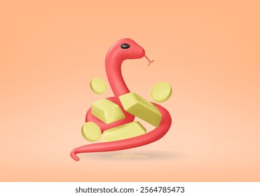 Vector render illustration of a red snake icon wrapped around a gold bar and a golden coin. It represents wealth, risk-taking, or the financial concept or Chinese New Year of wealth.