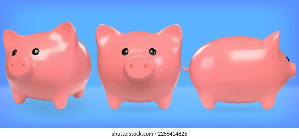 Vector render of a piggy bank. Realistic set of pink symbol of profit and growth