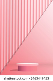 A vector rendering of a 3D shape featuring a Pink cylinder pedestal podium set within an empty room with light pink walls. The walls have a minimalistic design with a vertical stripes pattern.