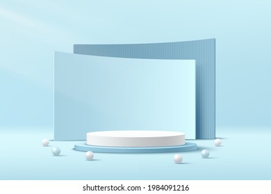 Vector rendering 3d shape, Product display presentation. Abstract room concept. Modern white, blue cylinder pedestal podium. Light blue color minimal wall scene with geometric backdrop. Sphere ball.