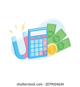 Calculadora de representación vectorial calcula presupuesto, impuestos, cuenta bancaria, saldo, dinero, efectivo, monedas. Atraer las finanzas como un gran imán 3D en los negocios. Matemáticas. Contabilidad. Economía. Inversión.