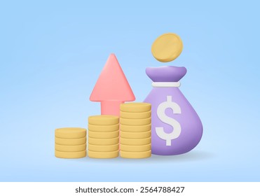 Vector rendering illustration of finance concept icon economic growth or investment, with a purple money bag with a dollar sign Golden coins piled up in layers and a red arrow pointing up