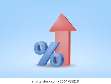 Vector rendering illustration of rate or percentage increase concept icon. It has a red arrow pointing up and a blue percentage sign on a blue background.