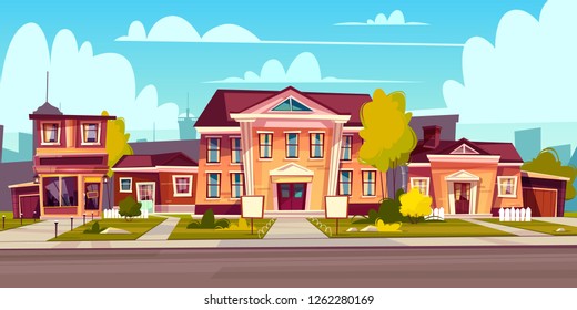 Vector rental of a house, estate. Cartoon illustration of cottage rent, sell. Facade of a private building with an empty plate. Exterior with urban construction, sidewalk and asphalt road.