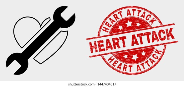 Vector repair heart pictogram and Heart Attack seal stamp. Red rounded scratched seal stamp with Heart Attack caption. Vector composition for repair heart in flat style.