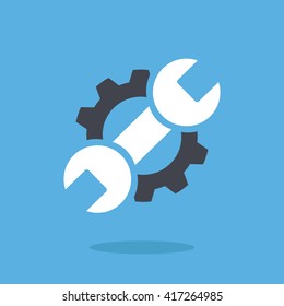 Vector repair icon. Blue wrench and black gear. Creative graphic design logo element. Flat design vector illustration isolated on blue background