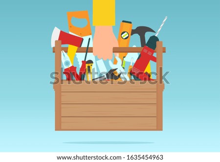 Vector of a repair man holding toolbox, set of instrument for construction and building 