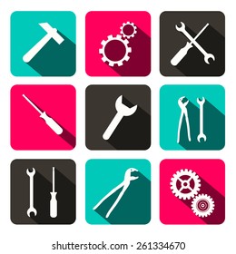 Vector Repair Technology Icons - Web Buttons with Cogs Gears, Screwdriver, Pincers, Spanner, Hand Wrench and Hammer Tools