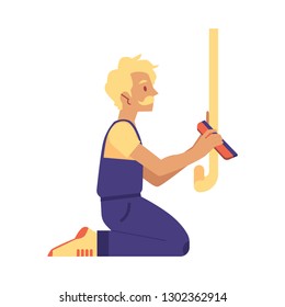 Vector repairman glueing wallpapers during house renovation work. Service worker wallpapering walls, smoothing wallpapers. Handsome male character in unifrom with mustache.