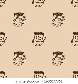 Vector repeat background. A Cup of coffee with a saucer. Hand-drawn decorative elements . Image for creative design of textiles, Wallpaper and other surfaces . Monochrome