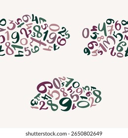 Vector repeat design with delicate handwritten numbers shaped like clouds, ideal for bedding or baby clothing