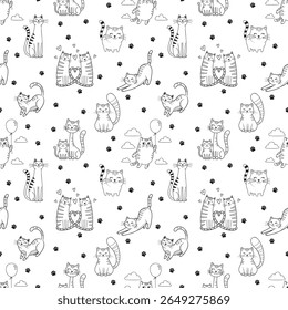 Vector repeat design features adorable cartoon cats in various poses, paw prints, and hearts. Black outlines on white. Playful, cute, and charming for textile or paper goods