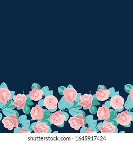 Vector repeat horizontal seamless border with romantic roses. Light pink roses and teal leaves illustration, Dark blue background. 